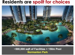 Every unit at Normanton Park sits elevated above ground, meaning there's no such thing as a true low-floor unit. The development also packs in roughly 500,000 sq ft of facilities, including four to five separate pools
